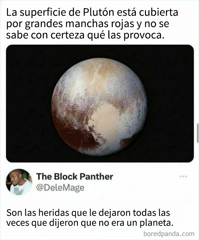 Memes divertidos que muestran a Plutón con manchas rojas y comentarios sobre su estatus como planeta para entrega rápida de dopamina.