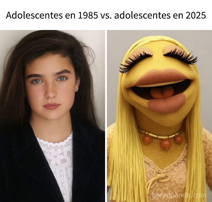 Adolescente en 1985 junto a personaje divertido con peluca rubia, ilustrando memes que generan dopamina instantánea.