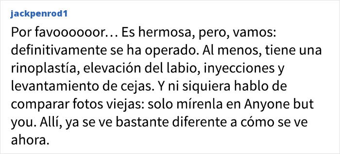Comentario en español cuestionando la belleza natural de Sydney Sweeney con evidencia en fotos de su antes y después.