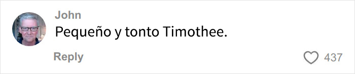 Comentario en redes que dice pequeño y tonto Timothee, relacionado con Emma Thompson corrigiendo a chicos.