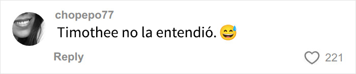 Comentario en redes sobre Emma Thompson corrigiendo a Timothée Chalamet, con emojis y respuesta de usuarios.
