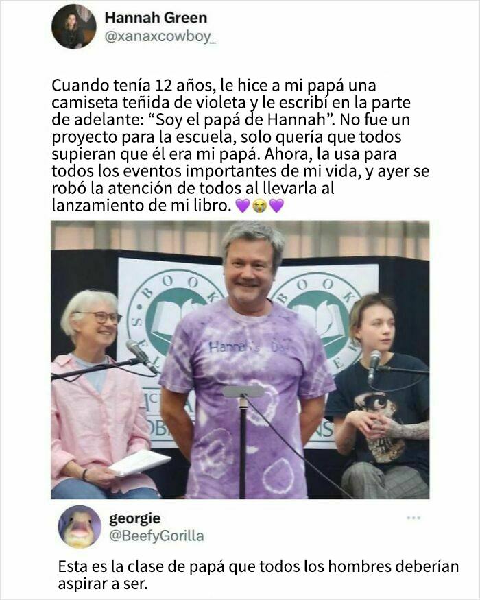 Hombre con camiseta teñida púrpura con texto sobre papá en evento literario, ilustrando memes saludables para un mal día.