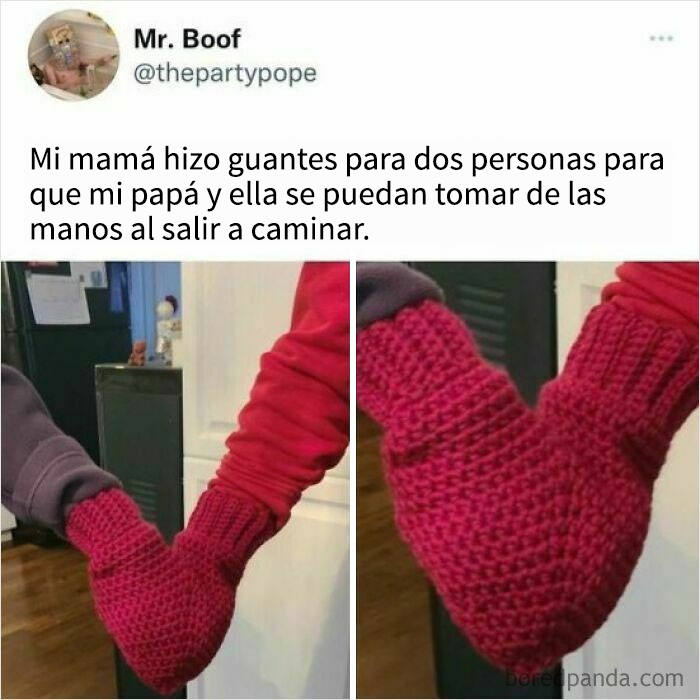 Manos unidas con un guante tejido para dos personas en imagen de memes tiernos para un mal día.