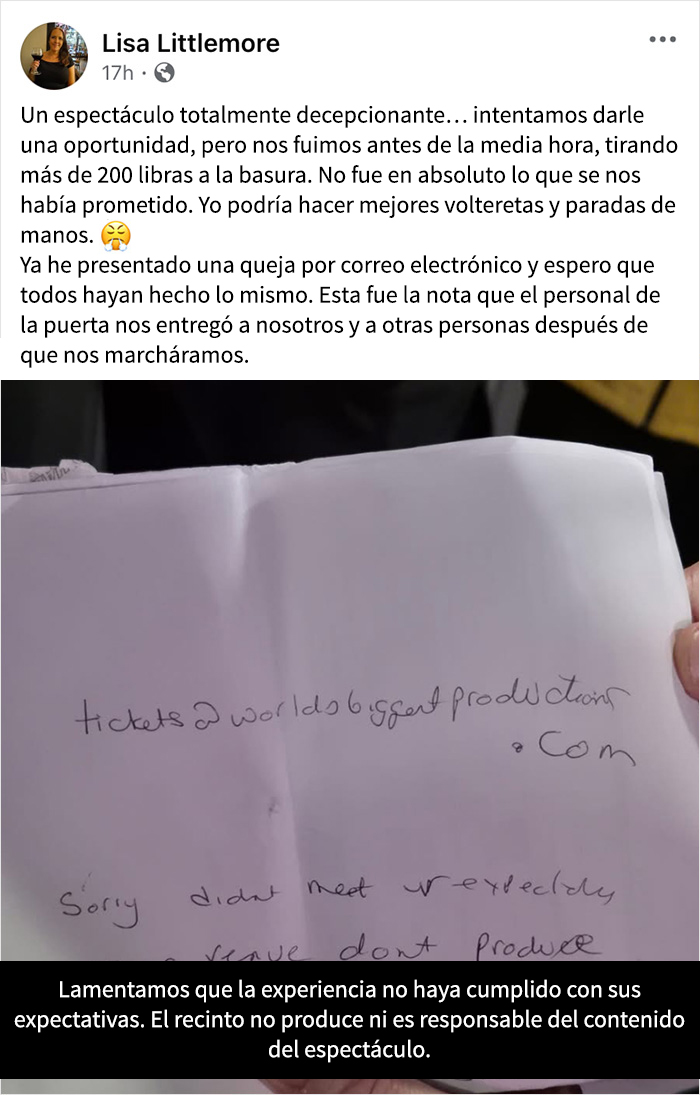 Foto de una nota de disculpa tras función de El mago de Oz que indignó al público y causó abandono masivo de espectadores. Foto de una nota de disculpa tras función de El mago de Oz que indignó al público y causó abandono masivo de espectadores.