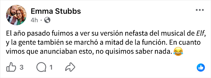 Captura de comentario en Facebook sobre función de El mago de Oz que provocó abandono masivo de espectadores. Captura de comentario en Facebook sobre función de El mago de Oz que provocó abandono masivo de espectadores.