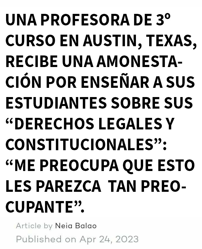 Profesor de tercer grado en Texas reprendido por enseñar derechos legales y constitucionales, reflejando una extraña distopía actual.