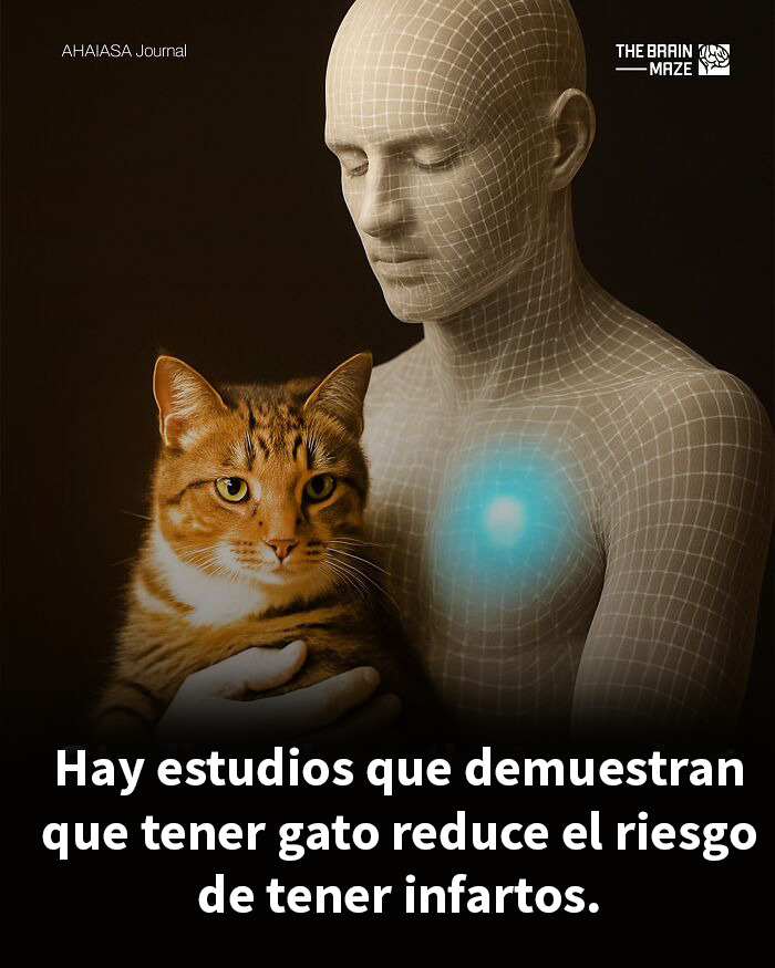 Hombre digital sosteniendo un gato con luz azul en el pecho, ilustrando hechos interesantes sobre la mente y el cuerpo.