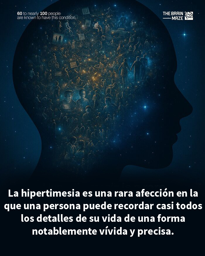 Perfil de cabeza humana con imágenes internas y texto sobre curiosidades del cuerpo y mente con alta precisión en recuerdos.