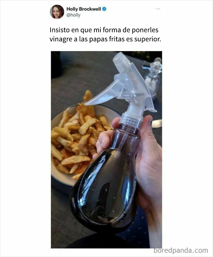 Método creativo para aplicar vinagre a papas fritas usando un rociador, meme divertido sobre comida deliciosa.