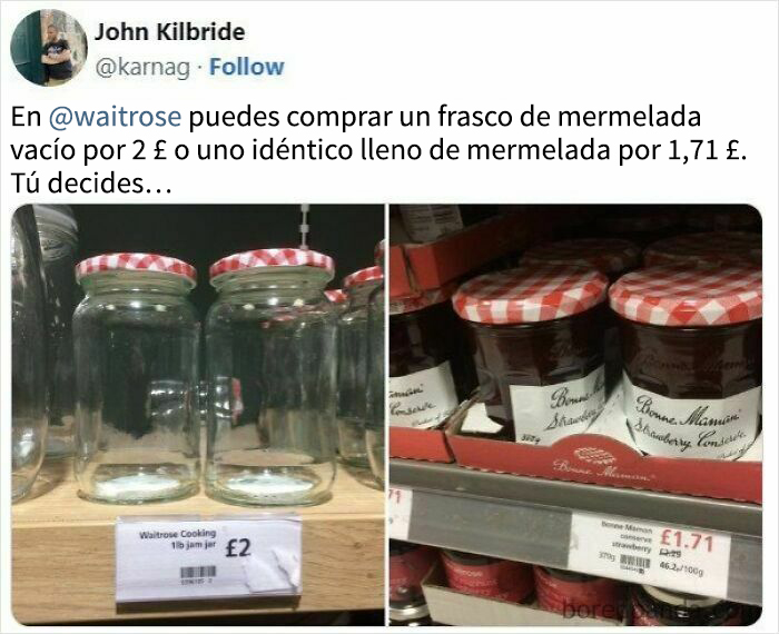 Frascos vacíos y llenos de mermelada en supermercado, ilustrando memes divertidos y deliciosos sobre comida.