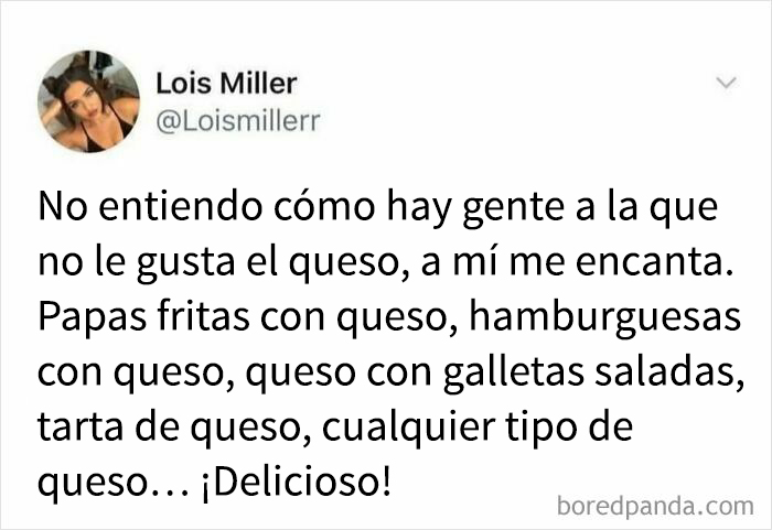 Memes divertidos de comida sobre el amor al queso que incluye papas, hamburguesas y cheesecake deliciosos.