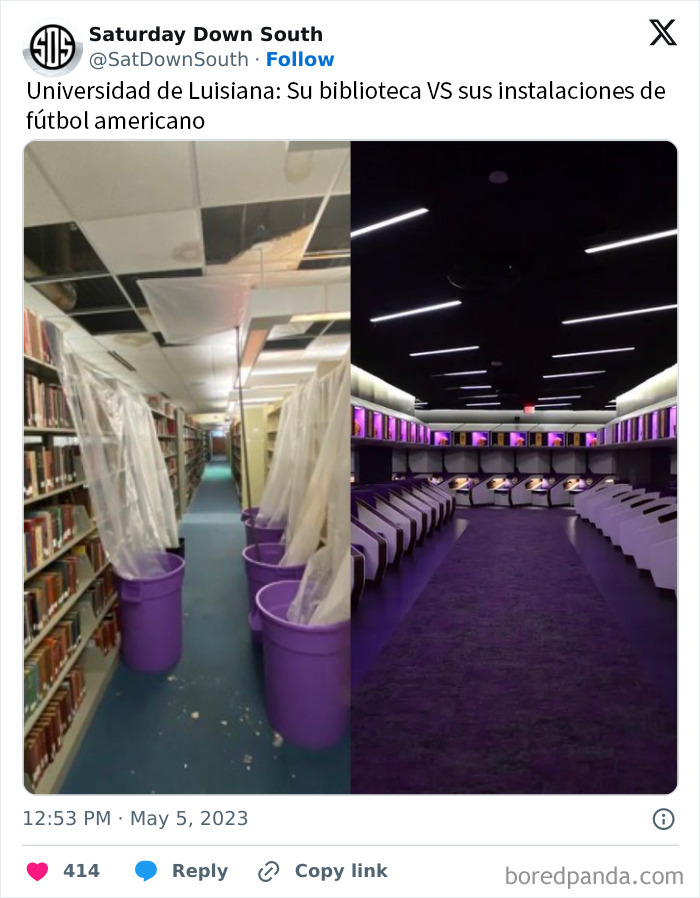 Dos imágenes comparando una biblioteca deteriorada y una moderna instalación deportiva, mostrando una distopía extraña.