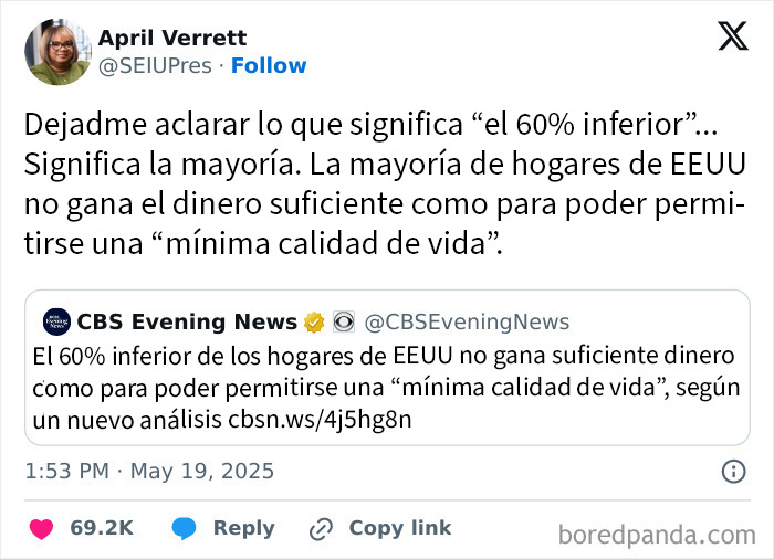 Captura de tuit que reflexiona sobre la calidad de vida mínima y la realidad distópica actual.