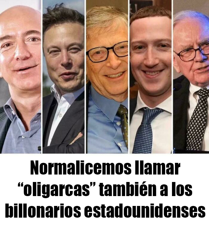 Collage de multimillonarios estadounidenses con texto sobre oligarcas en una extraña distopía contemporánea.
