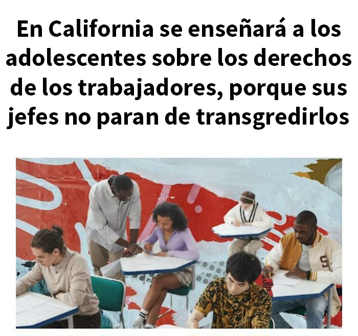 Estudiantes en clase aprendiendo sobre derechos laborales en un entorno que refleja una distopía extraña y preocupante.