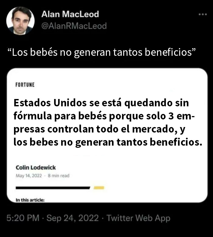 Captura de pantalla de tweet sobre escasez de fórmula para bebés y control del mercado, reflejando una distopía extraña.