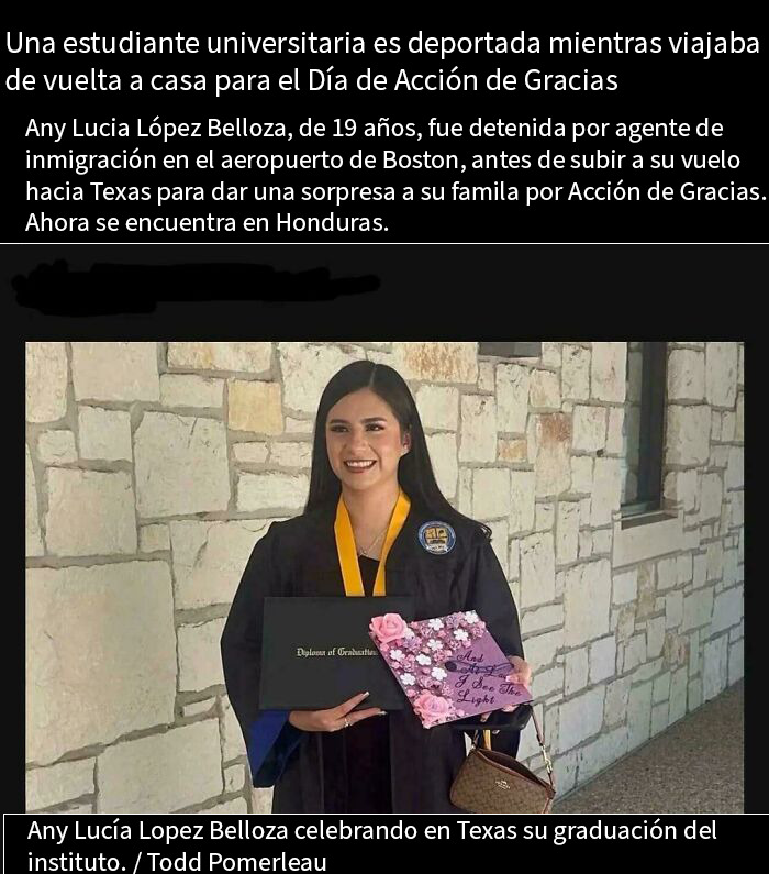 Estudiante universitaria deportada en aeropuerto, ejemplo de una realidad extraña y distópica que refleja la pérdida del rumbo social.