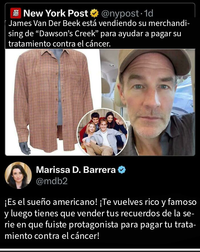 Mensaje en redes sociales sobre venta de mercancía para costear tratamiento de cáncer, reflejando una distopía extraña.