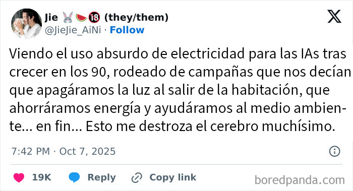 Tuit que muestra el uso absurdo de electricidad que refleja el estado distópico actual del mundo.