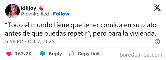Tuit sobre la crisis de vivienda reflejando el estado distópico actual del mundo y la lucha por recursos básicos.