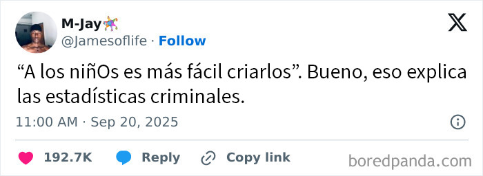 Tuit reflexionando sobre estadísticas delictivas y desafíos sociales en un mundo con evidente estado distópico actual.