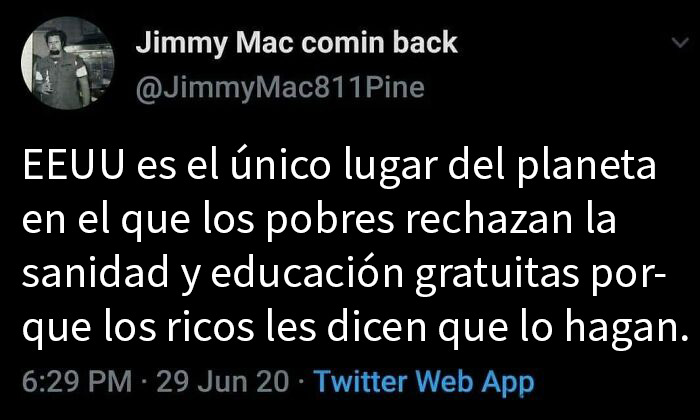 Tuit que refleja la distopía social donde la desigualdad afecta el acceso a la educación y salud gratuita.