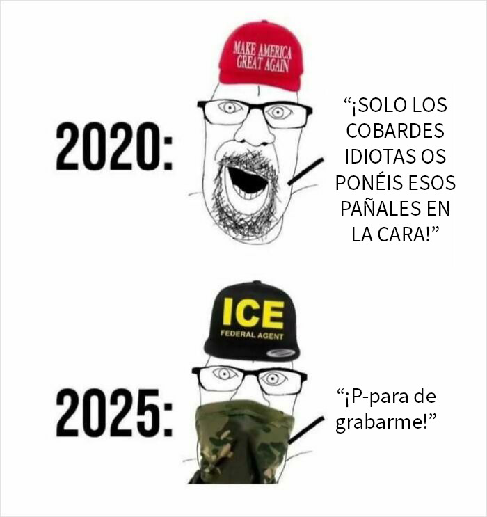 Caricatura que muestra el estado distópico del mundo con cambio de actitudes sobre el uso de mascarillas entre 2020 y 2025.