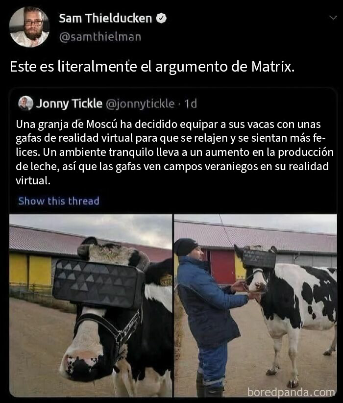 Vacas en una granja de Moscú con gafas de realidad virtual para aumentar la producción de leche en un entorno distópico.