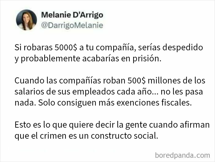 Mensaje sobre la desigualdad y crimen social que refleja el estado distópico actual del mundo en contexto laboral.