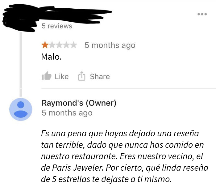Reseña negativa de cliente intentando sabotear negocio, respuesta contundente del dueño cerrando la crítica injusta.