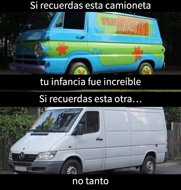 Memes hilarantes con humor oscuro mostrando dos furgonetas, una colorida y otra blanca, para comparar infancias.