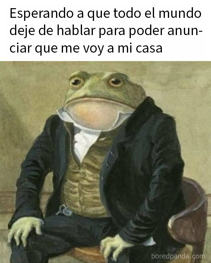 Rana vestida de manera elegante con expresión seria en meme humorístico para personas que usan el humor como mecanismo.