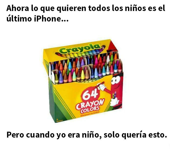 Caja de crayones Crayola con 64 colores, imagen que transporta al pasado con fotos de cosas que ya no existen.
