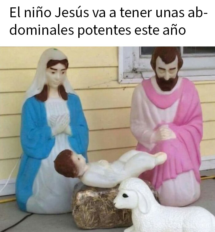 Estatuas de pesebre con un bebé Jesús y meme gracioso dedicado a hacer reír a las personas.