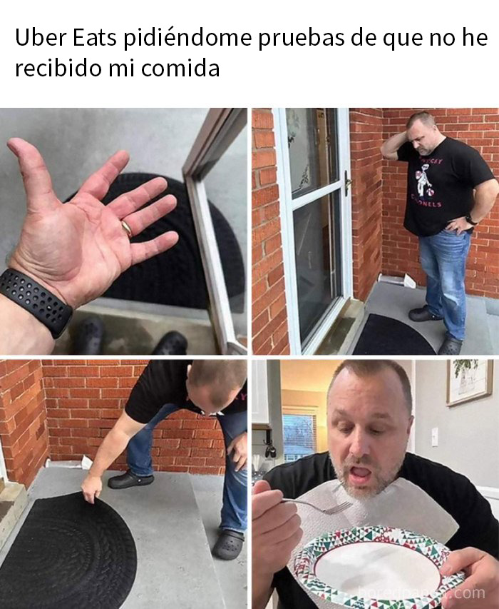 Hombre mostrando memes divertidos al no recibir su comida de Uber Eats, imagen cómica para hacer reír al público.