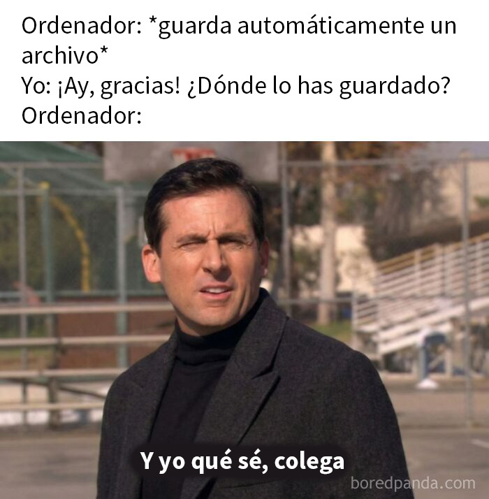 Hombre confundido en meme divertido sobre computadora que guarda archivo automático, parte de memes para hacer reír.
