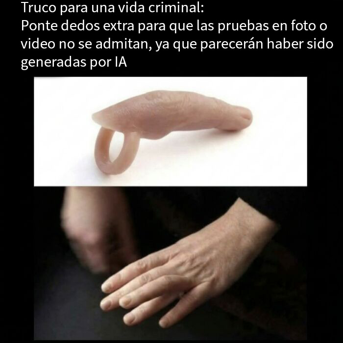 Mano con dedos extra falsa como truco criminal en memes divertidos para hacer reír a la gente en esta cuenta de humor.