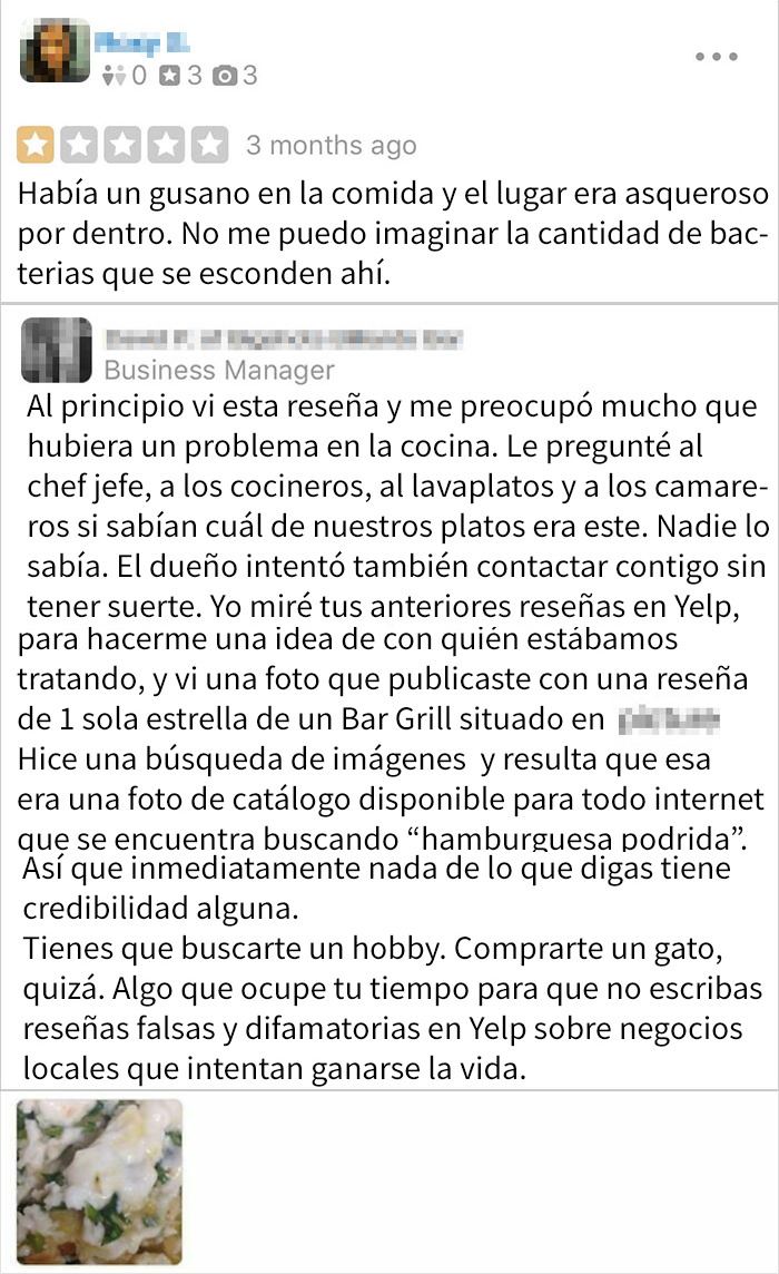 Cliente intenta sabotear negocio con mala reseña falsa, pero gerente responde y desmiente acusación con evidencia.