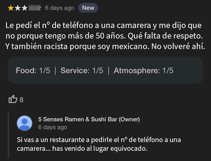 Reseña de cliente intentando sabotear negocio con mala opinión y respuesta contundente del propietario del restaurante.