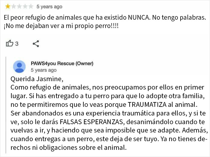Reseña negativa intentando sabotear negocio de rescate animal responde con defensa fuerte y explicación clara.