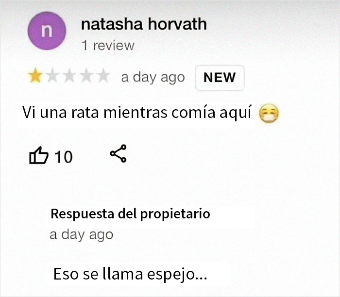 Captura de una reseña negativa con respuesta ingeniosa, ejemplos de clientes que intentaron sabotear negocios con malas opiniones.