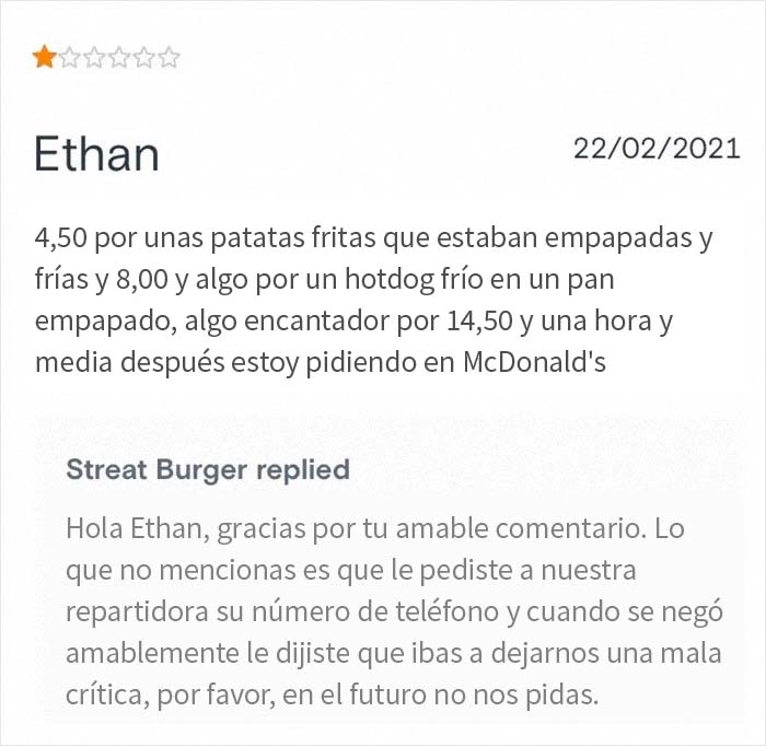 Reseña negativa de cliente intentando sabotear negocio, con respuesta contundente del dueño defendiendo la calidad del producto.