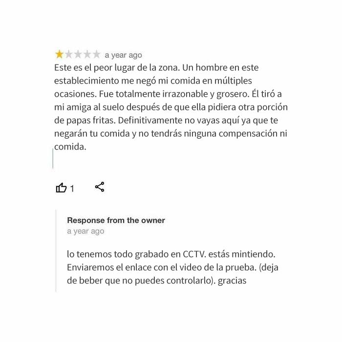 Reseña negativa intentando sabotear negocio, respuesta contundente del dueño defendiendo su restaurante y la verdad.