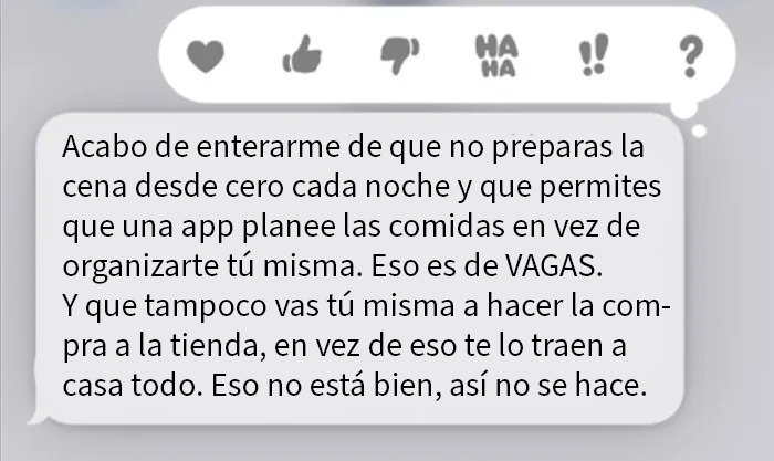 Texto de madre política criticando el uso de una app para planear comidas y la entrega de comestibles, mensajes unhinged.