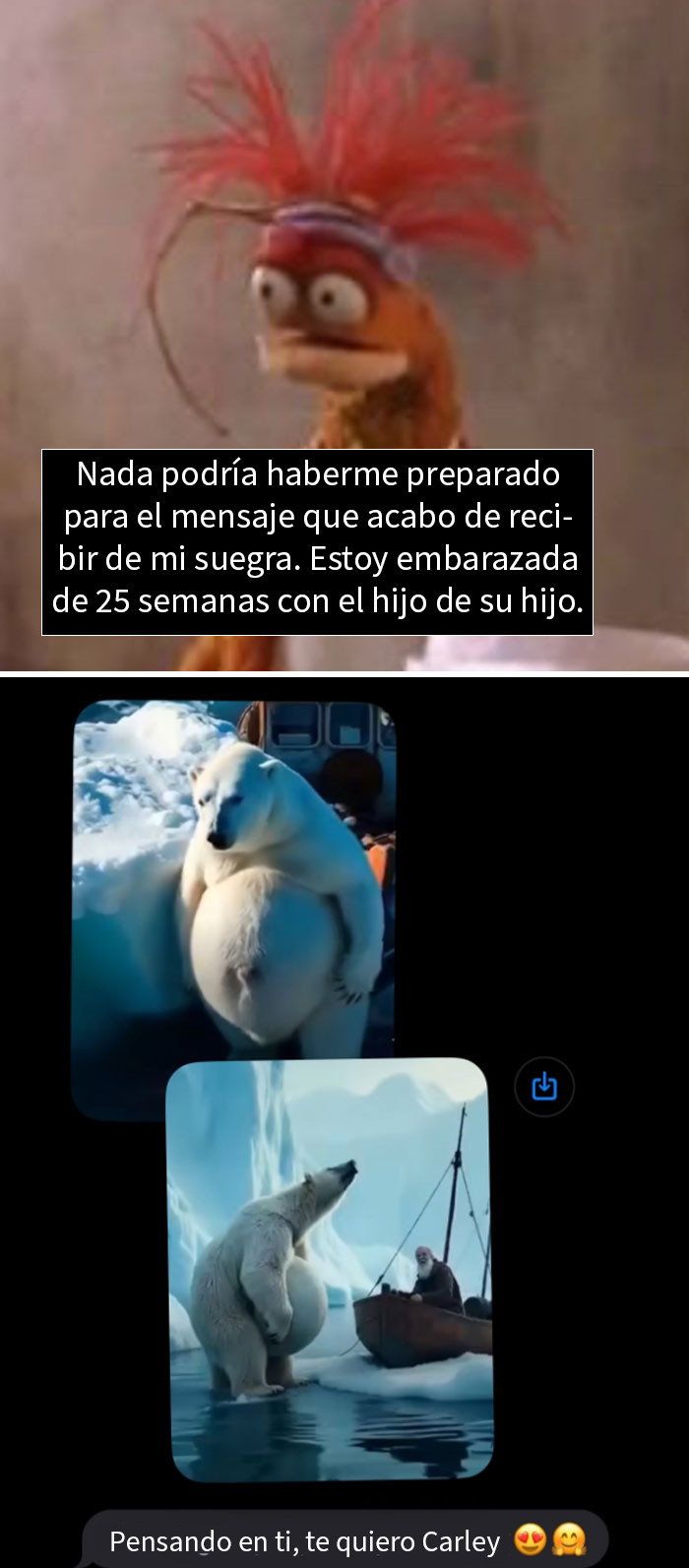 Persona embarazada leyendo textos intensos de una suegra con mensajes y memes de osos polares relacionados.