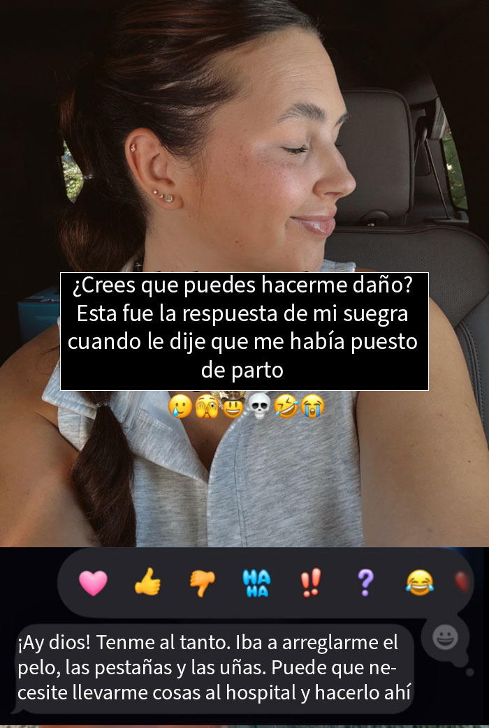 Mujer sonriente en un auto mostrando texto de mensajes exagerados de suegras que hacen querer bloquearlas.