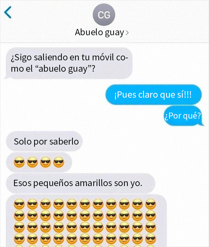 Mensaje de texto divertido entre nieto y abuelo con emojis, mostrando cuidado en lo que se dice en conversaciones inesperadas.