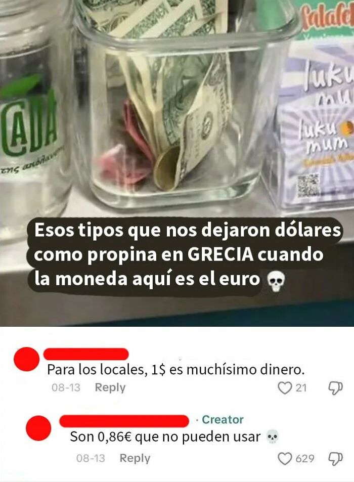 Comentarios ignorantes de americanos sobre propinas en Europa, billetes de dólar en un frasco en Grecia junto a euros.