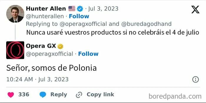 Captura de pantalla de comentarios ignorantes de estadounidenses con respuestas europeas en Twitter, mostrando un toque de humor y cultura.