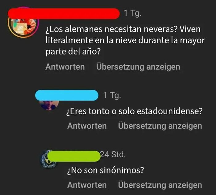 Comentarios ignorantes de americanos con respuestas europeas gentiles en conversación online sobre estereotipos culturales.